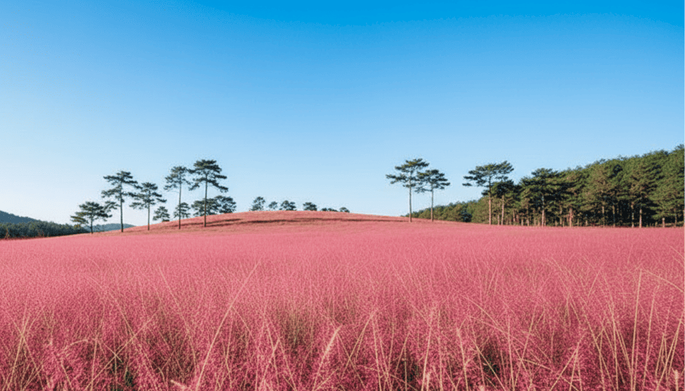 Đồi cỏ hồng ẩn hiện trong làn sương lấp lánh tựa như những hạt ngọc